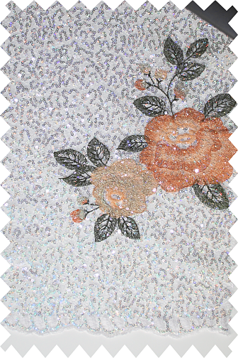 Sequin Non Stretch Net With Embroidered Rose - White/Silver