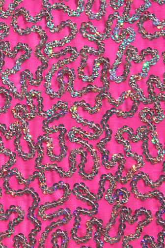 Bling Sequin Swirl On Two Way Stretch Net - Neon Cerise/Silver Hologram